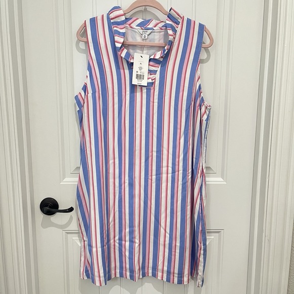 crown & ivy Dresses & Skirts - Crown & Ivy White Pink Blue Stripe Ruffle Neck Sleeveless Dress Size XL NWT‎